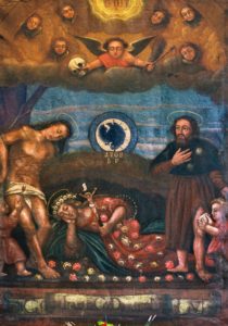 Obraz Orędowników w czasach epidemii-śś. Rocha, Rozalii i Sebastiana w kościele św. Rocha w Grodzisku.